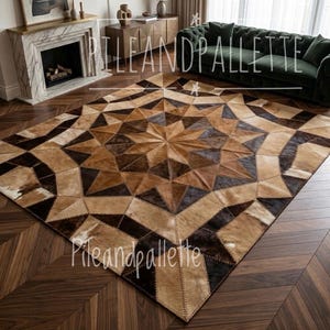 Patchwork Cowhide Rug: Geometric Star Patterned Floor Carpet