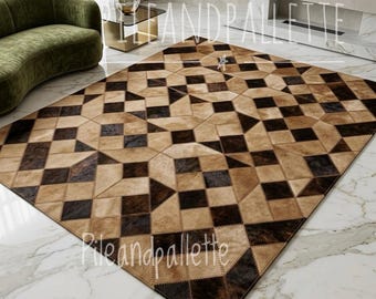 Geometrisch rundleer vloerkleed, handgemaakt patchwork vloerkleed, modern bruinbeige woonkamertapijt