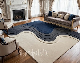 May include: A large, rectangular area rug with a wave-like design in shades of blue, gray, and cream. The rug is placed in a living room with a fireplace, sofa, and chairs. The text "Pileandpalette" is visible on the rug.