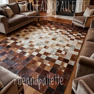 Alfombra de piel de vaca hecha a mano con retazos, alfombra moderna de cuero a cuadros.