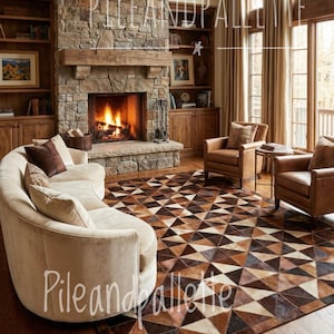 May include: A cozy living room featuring a stone fireplace with a burning fire, flanked by built-in wooden bookshelves. A curved beige sofa and two leather armchairs sit on a geometric patterned rug. Large windows with beige curtains provide natural light.