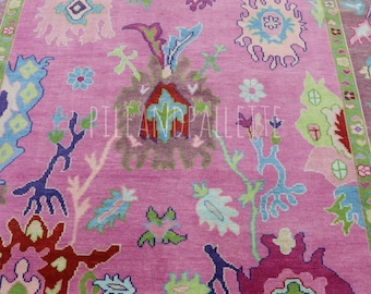 Hand Knotted Pink Wool Oushak Rug, Vintage Floral Turkish Carpet