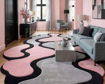 Hand Tufted Abstract Rug, Pink Grey Black Wavy Carpet, Irregular Shape Area Rug