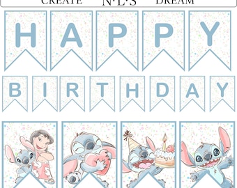 Banner de cumpleaños de Stitch / Guirnalda de fiesta tropical (Descarga digital)