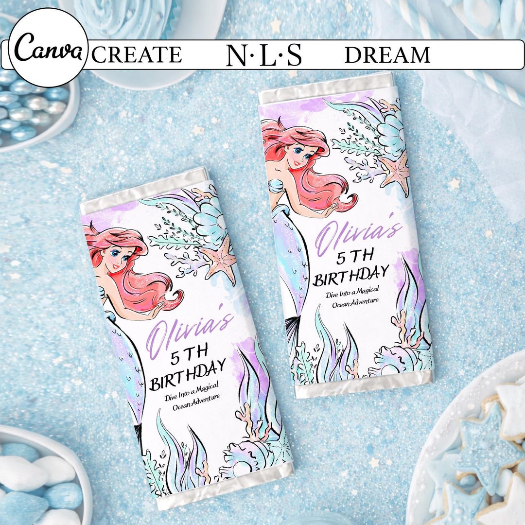 Mermaid Ariel Chocolate Wrapper, Birthday Party Favor (digital Download ...