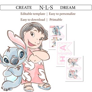 Puede incluir: Ilustraci&oacute;n de los personajes de Lilo y Stitch. Lilo lleva un vestido rosa y Stitch es azul. La imagen incluye banderas de banner con la palabra "HA" y el texto "CREATE N&middot;L&middot;S DREAM Plantilla editable | F&aacute;cil de personalizar F&aacute;cil de descargar | Imprimible".