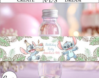 Stitch Aloha Water Bottle Label | Editable Canva Template | Kids Party Drink Decor | Printable PDF