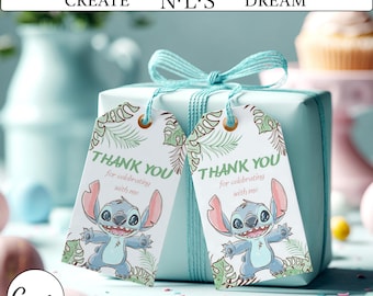 Etiqueta de agradecimiento de Stitch / Recuerdo de fiesta de cumpleaños tropical (PDF imprimible)