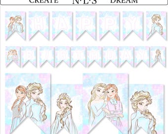 Elsa and Anna Birthday Banner, Snowflake Party Decor (Digital Download)