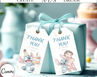 Etiqueta de agradecimiento de Stitch / Recuerdo de fiesta tropical (Plantilla editable de Canva)