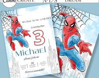 Spider-Man Geburtstagseinladung, Superhelden-Party, bearbeitbare Canva-Vorlage (Digitaler Download)