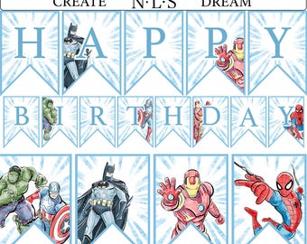 Bannner super heroes decorations, banner garland heroes, comic book superheroes birthday banner, avengers party, printable party decor hero