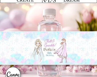 Frozen Birthday Water Bottle Label, Elsa Anna Party Decor (Digital Download)