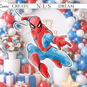 K&ouml;nnte beinhalten: Bunte Illustration von Spider-Man vor einem Hintergrund aus roten, wei&szlig;en und blauen Luftballons. Das Bild enth&auml;lt ein Blumenarrangement und verpackte Geschenke, was auf ein festliches Thema hindeutet. Der Text "CREATE N.L.S DREAM" ist sichtbar.