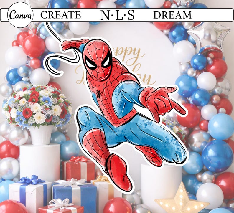 K&ouml;nnte beinhalten: Bunte Illustration von Spider-Man vor einem Hintergrund aus roten, wei&szlig;en und blauen Luftballons. Das Bild enth&auml;lt ein Blumenarrangement und verpackte Geschenke, was auf ein festliches Thema hindeutet. Der Text "CREATE N.L.S DREAM" ist sichtbar.