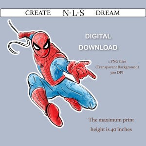 K&ouml;nnte beinhalten: Digitaler Download mit einer Aquarellillustration von Spider-Man in einer dynamischen Pose. Der Superheld ist in seinem klassischen rot-blauen Anzug dargestellt, mit dem Text "DIGITALER DOWNLOAD" und "Die maximale Druckh&ouml;he betr&auml;gt 101,6 cm."