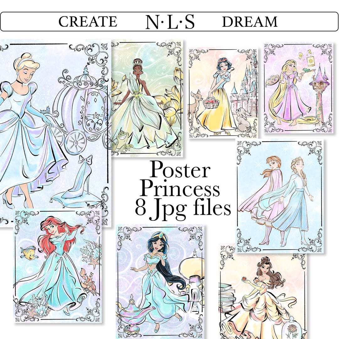 Princess Watercolor Poster Set, Kids Room Wall Art (8 JPG Files) - Etsy