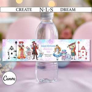 Alice in Wonderland Water Bottle Labels | Birthday Party Decor (Editable Canva Template)