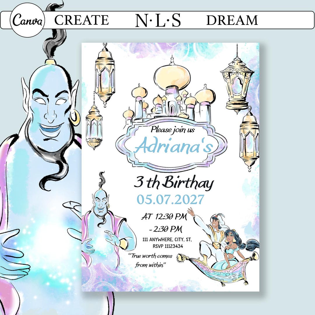 Aladdin Jasmine Birthday Invitation, Watercolor Genie Decor (digital ...