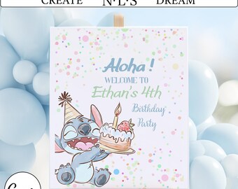 Letrero de bienvenida de cumpleaños de Stitch Aloha / Decoración para fiesta tropical (PDF imprimible)