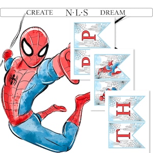May include: Watercolor illustration of Spider-Man in a dynamic pose, with red and blue costume. Includes banner flags with the letters "D", "P", "H", and "E", and the words "CREATE N.L.S DREAM".