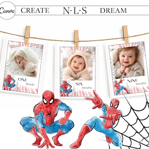 May include: A photo display with three baby pictures, each marked with a month. The photos are suspended by wooden clips on a string, with a Spider-Man illustration below. The text "CREATE N&middot;L&middot;S DREAM" is at the top.