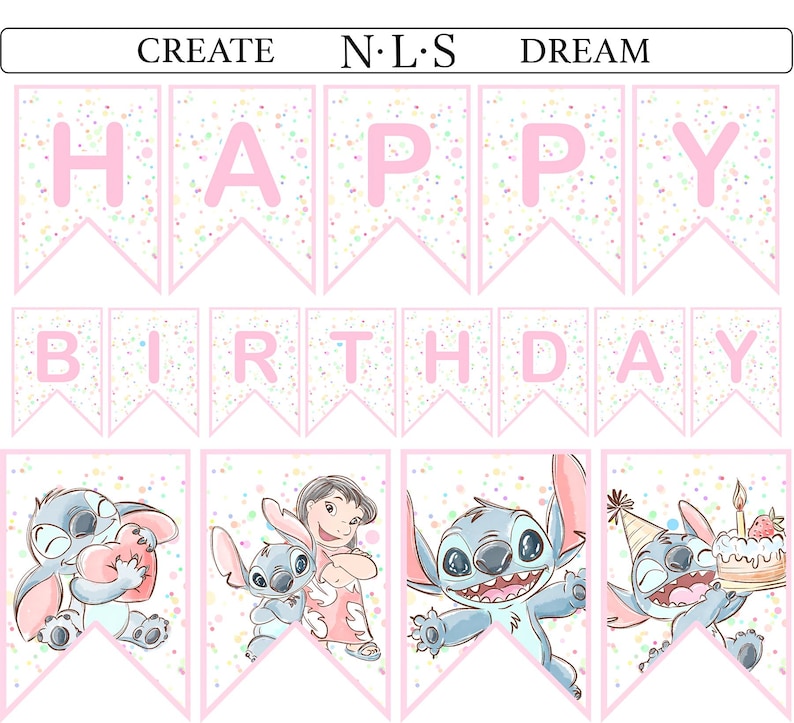 Pancarta de cumpleaños de Stitch / Guirnalda de fiesta tropical (Descarga digital) pancarta de Stitch, póster de Stitch imagen 1