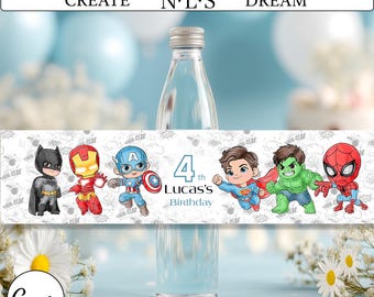 Baby Superhelden Wasserflaschenetiketten | Geburtstagsparty-Dekor (bearbeitbare Canva-Vorlage)