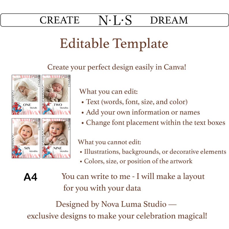 May include: An editable template with the text "CREATE N.L.S DREAM" at the top. The template includes baby milestone cards with photos and the text "ONE Month", "TWO Months", "SIX Months", and "NINE Months". The text "Editable Template" is also present.