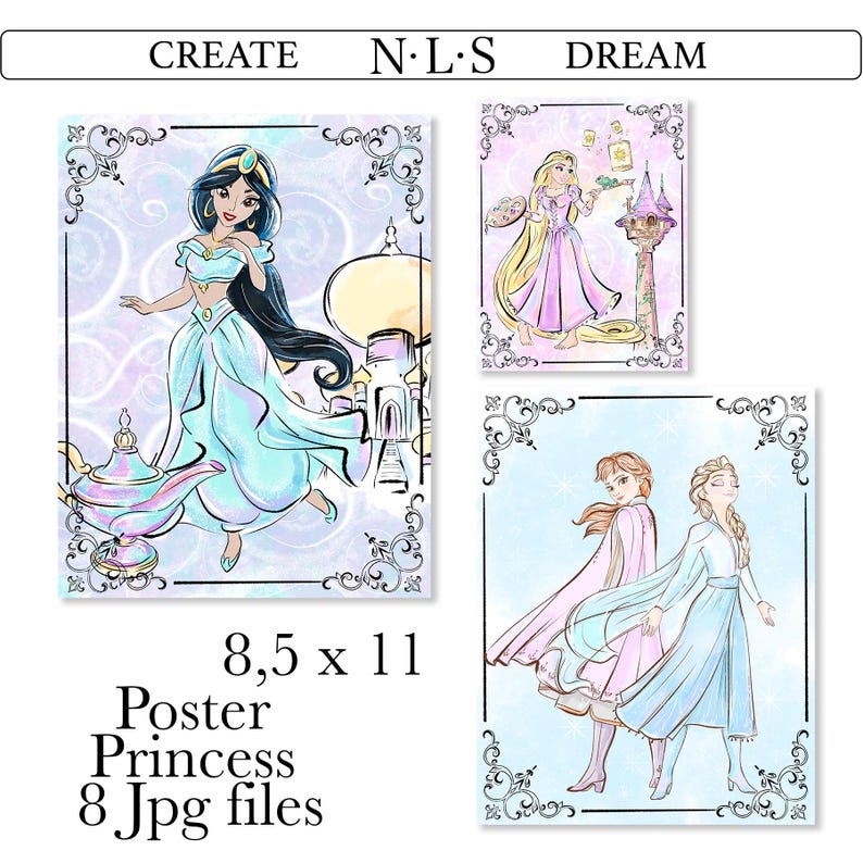 Princess Watercolor Poster Set, Kids Room Wall Art (8 JPG Files) - Etsy