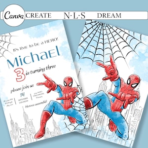 May include: Two invitations with a Spider-Man illustration. The invitations have a blue and white background with a cityscape and a spider web design. Text includes the name "Michael", the number "3", and event details.