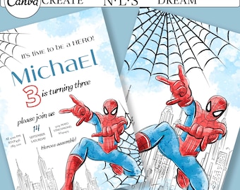 Spider-Man Einladungskarte zum Geburtstag Superhero Party, bearbeitbare Canva Vorlage