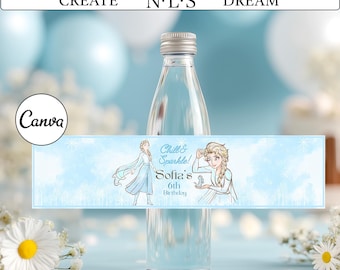 Frozen Birthday Party Water Bottle Labels, Anna & Elsa Decor (Editable Digital)
