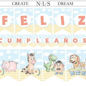 May include: A decorative party banner featuring the text CREATE N.L.S DREAM, FELIZ CUMPLEAÑOS, and illustrations of cartoon characters including a pig, a horse, a dinosaur, a potato-shaped figure, a dog, and three green aliens on a blue sky background.