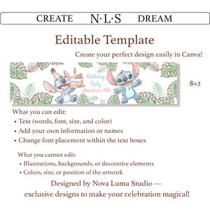 Puede incluir: Una plantilla editable con tem&aacute;tica de fiesta de cumplea&ntilde;os. El dise&ntilde;o presenta un personaje de dibujos animados sosteniendo un pastel y un segundo personaje saludando. El texto dice "Birthday Party Amelia's 4th". La plantilla mide 20 cm por 5 cm.