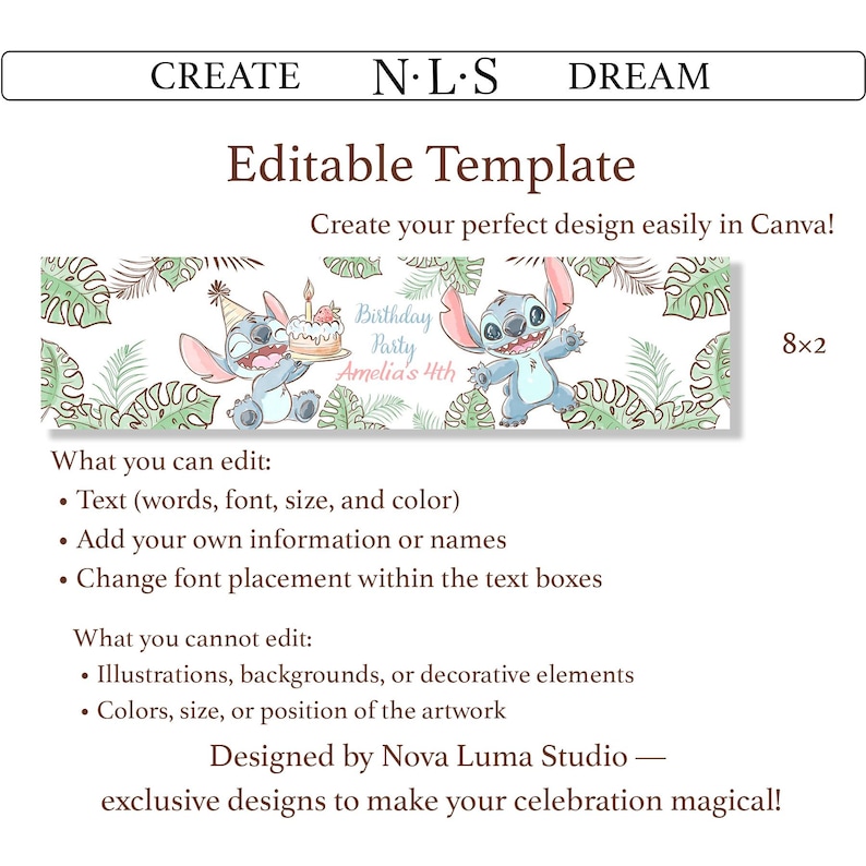 Puede incluir: Una plantilla editable con tem&aacute;tica de fiesta de cumplea&ntilde;os. El dise&ntilde;o presenta un personaje de dibujos animados sosteniendo un pastel y un segundo personaje saludando. El texto dice "Birthday Party Amelia's 4th". La plantilla mide 20 cm por 5 cm.