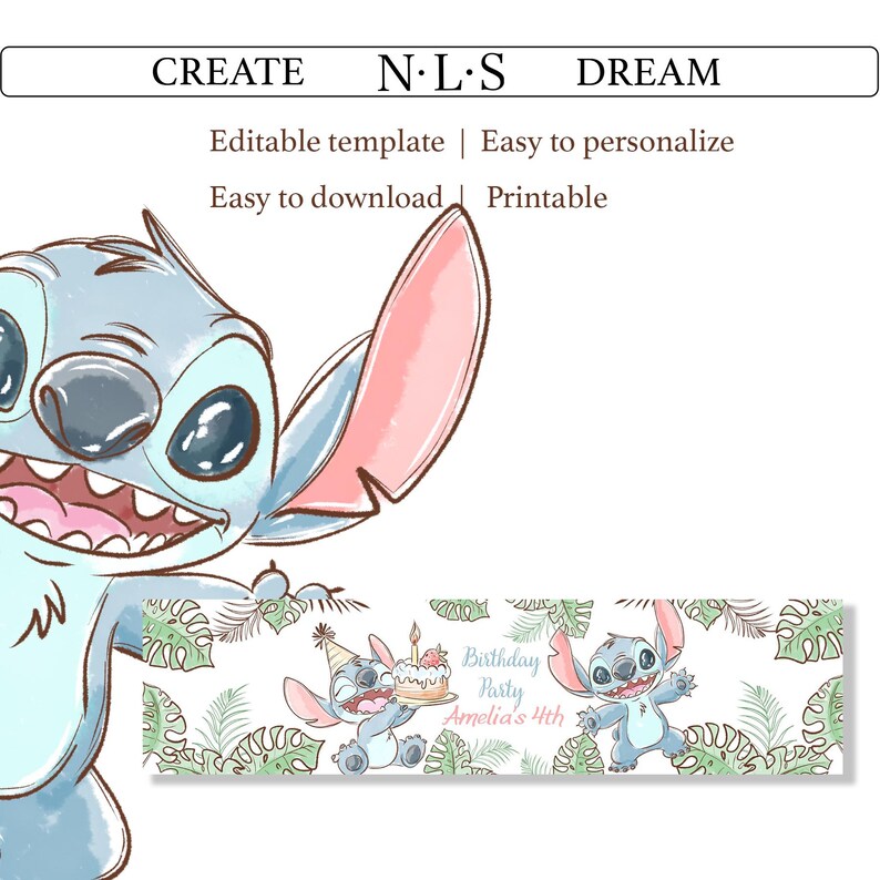 Puede incluir: Un personaje de dibujos animados azul claro con orejas grandes y una amplia sonrisa. La imagen incluye el texto "CREATE N&middot;L&middot;S DREAM" y "Plantilla editable | F&aacute;cil de personalizar | F&aacute;cil de descargar | Imprimible". Una pancarta debajo presenta el personaje y el texto "Birthday Party Amelia's 4th".