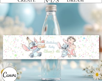 Etiqueta para botella de agua de cumpleaños de Stitch / Plantilla editable de Canva (PDF)