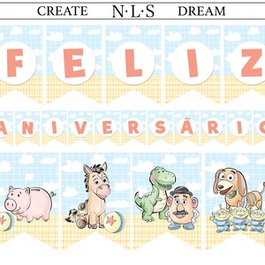 May include: A decorative banner set featuring the text CREATE N.L.S DREAM, FELIZ ANIVERSÁRIO, and illustrations of cartoon animals and characters including a pig, horse, dinosaur, potato-shaped figure, dog, and three small green aliens.