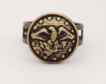 US Army Ring USA American Eagle Crest Military Ring - made from a vintage button