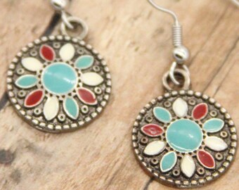 Red Teal and White Dangle Earrings Southwestern Style Earrings - Made from metal buttons