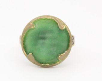 Green Glass Button Ring - Vintage Brass Statement Jewelry