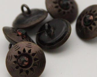 Vintage Buttons Patina Brass Studded with Glass Bead Lot of 6