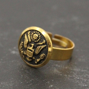 Army Ring American Eagle Crest Military Ring - made from a vintage button