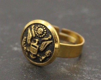 Army Ring American Eagle Crest Military Ring - made from a vintage button