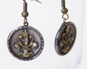 Victorian Filigree Dangle earrings Gunmetal Flowers Floral Buttons - made from repurposed buttons