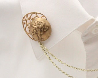 Rampant Lion Collar Pins: Vintage Button Filigree Brass Chain