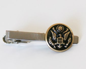 US Army Tie Bar American Eagle Brass Button Military Tie Clip - made with a uniform button