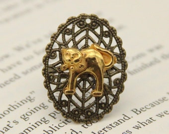 Golden Cat Ring Gold Kitty Jewelry filigree and bow ties - Made with small buttons