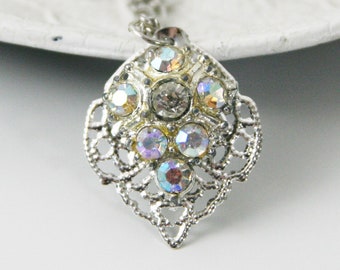 Leaf Necklace Silver Leaf filigree Iridescent Jewels Teardrop Pendant - made with a vintage brooch